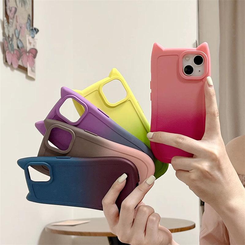 Elegante y Encantadora Funda Degradada con Orejas de Gato para iPhone 15 14 13 12 11 Pro Max XS X XR 7 8 Plus Cubierta Trasera de Silicona Suave Esmerilada