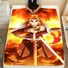 Anime Character with Fiery Energy Blanket - Dynamic Design Featuring Confident Anime Hero with Long Blonde Hair and Sword Surrou