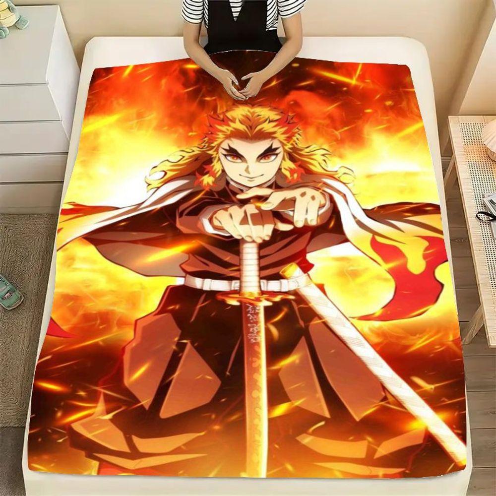Anime Character with Fiery Energy Blanket - Dynamic Design Featuring Confident Anime Hero with Long Blonde Hair and Sword Surrou