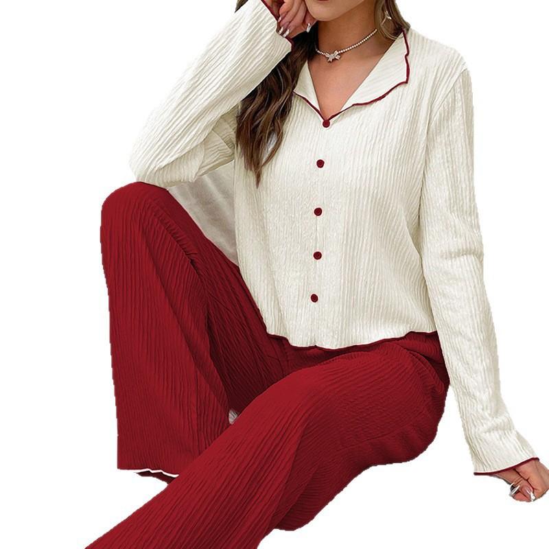 Womens Long Sleeve Pajama Set With V-Neck Top Full-Length Pants Soft Stretch Cotton-Like Fabric Comfort Sleepwear Home
