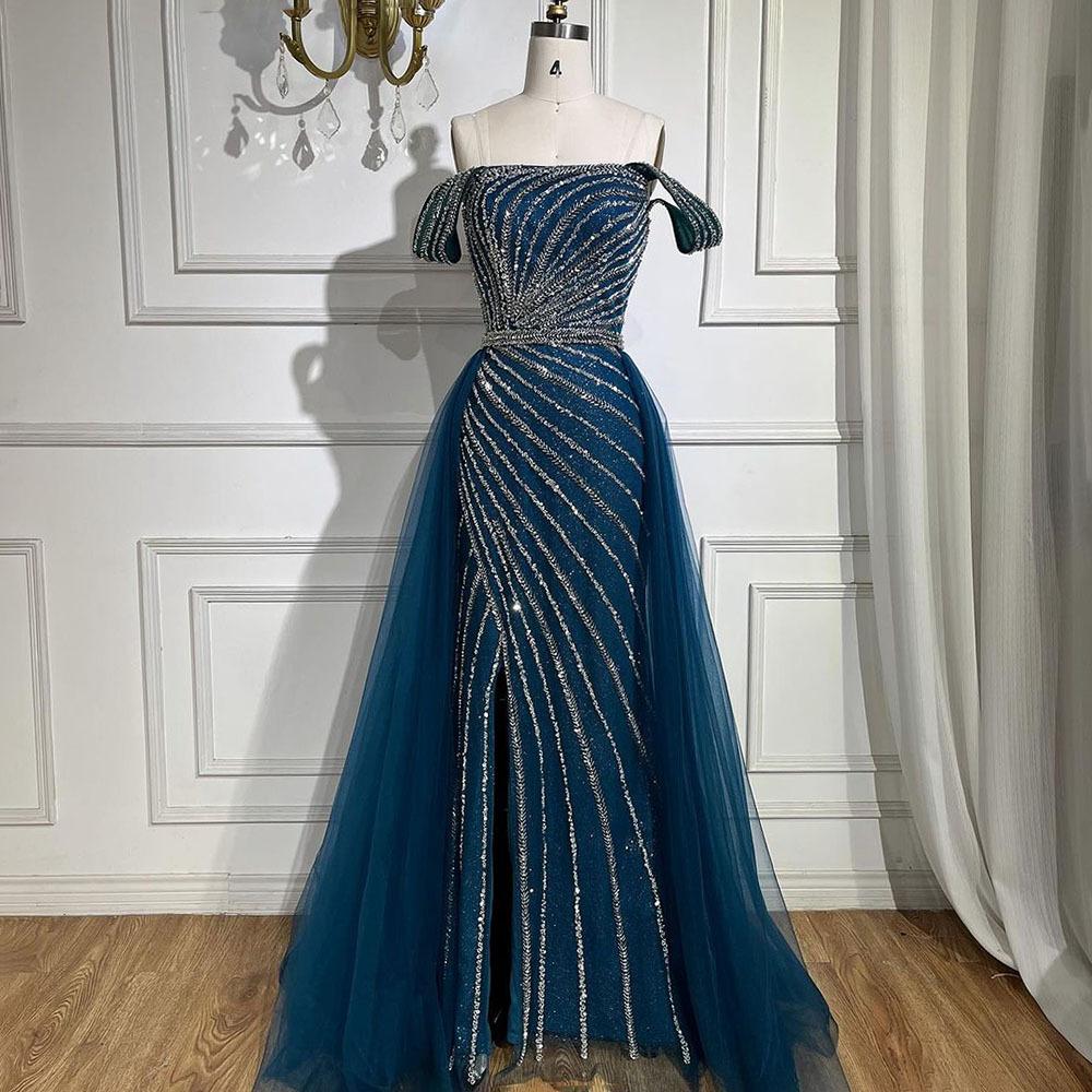 High-end sexy one-word shoulder split harpoon tail light luxury temperament socialite banquet host dress LA11818