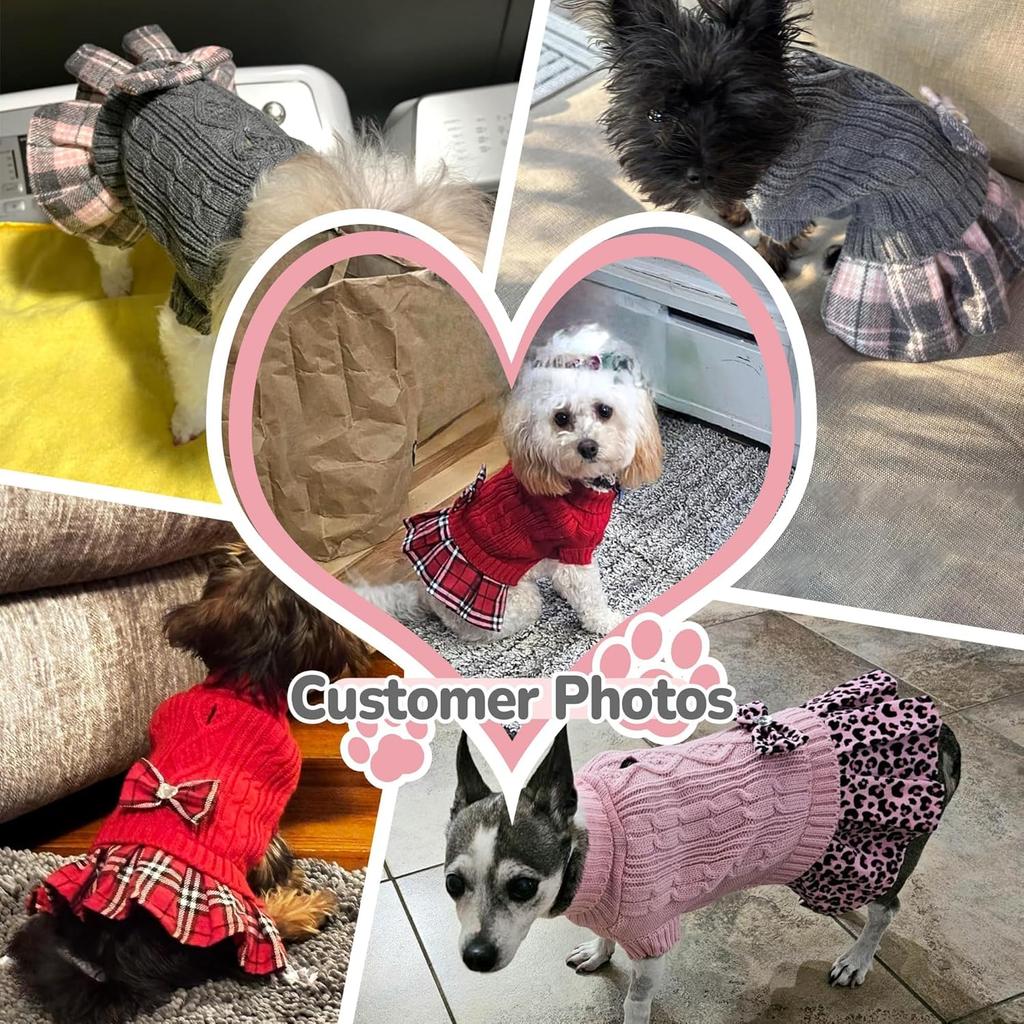 WOYYHO Small Dog Sweater Dress with Bowtie Dogs Clothes Sweater Pleated Skirt with Leash Hole Puppy Winter Outfit Dog Pullover Knitwear Puppy