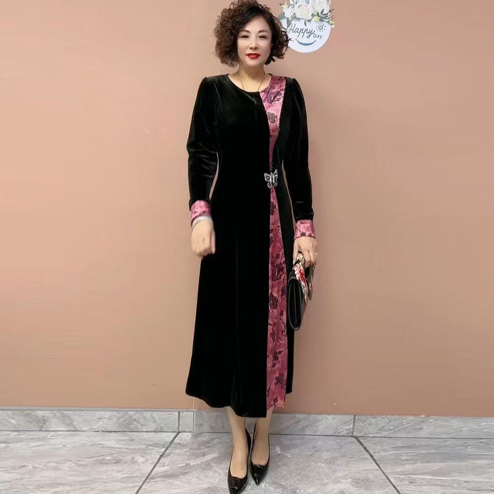 Women s Round Neck Velvet Dress Color-block Slim Fit Long Dress Autumn Winter XL