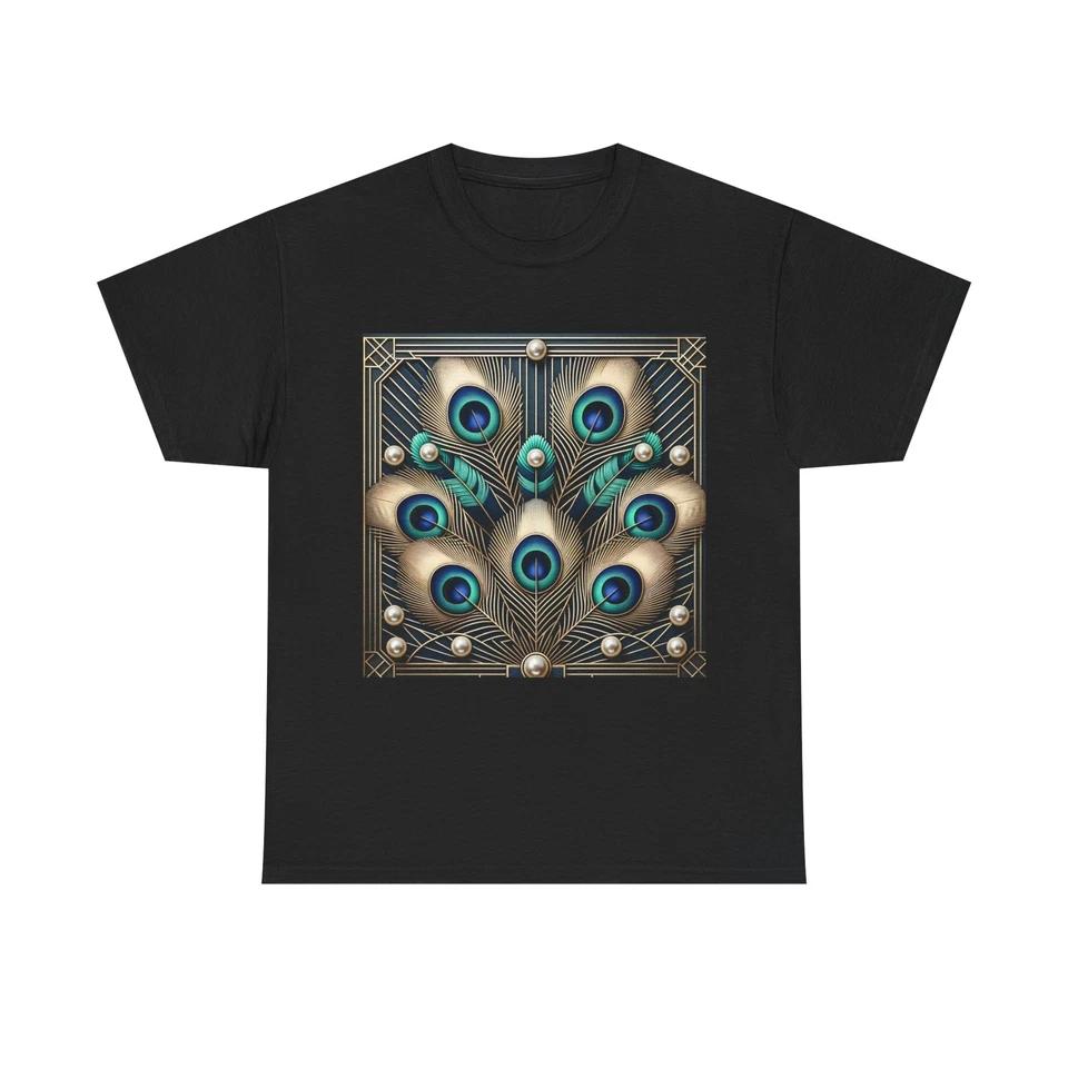 Unisex Adult T Shirt Art Deco Peacock Fan Lapis Pearl L