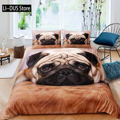 Pug Duvet Cover Set Puppy Lying Around Pet Decorative 3 Piece Bedding Set with 2 Pillow Shams Queen Size Pale Brown Black