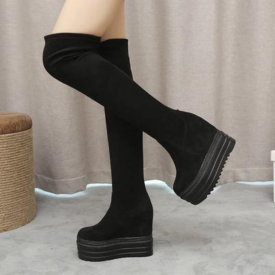Modeschuhe für Damen Keilabsatz Socke Oberschenkelhoch Über dem Knie Sehr Elastisch Damenstiefel Schwarz Schuhwerk Sale Gyaru Neu in Gothic