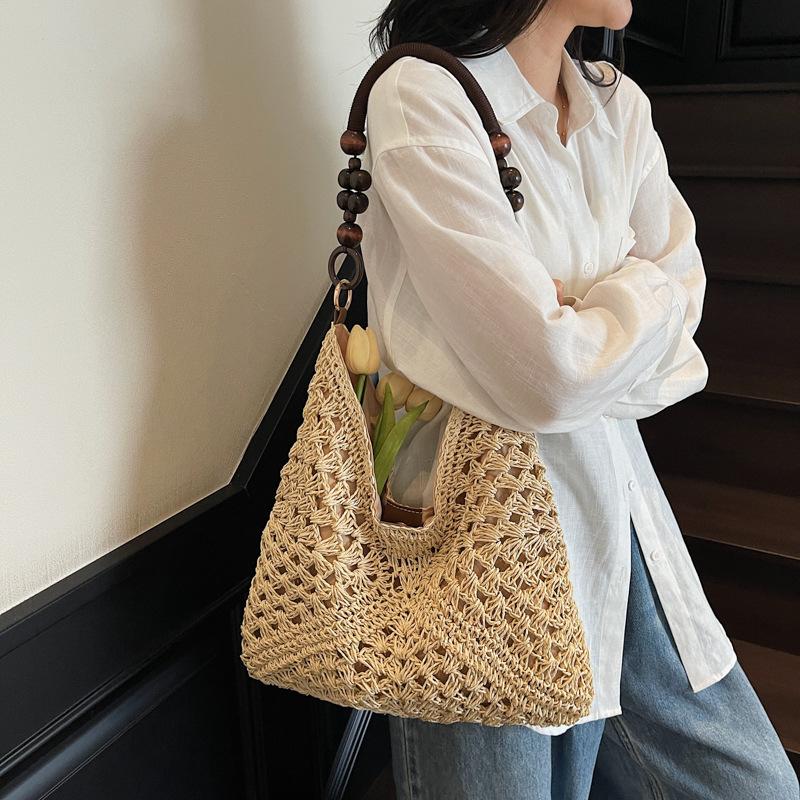 Women Fashion Woven Color Block Large Casual Tote Shoulder Handbag