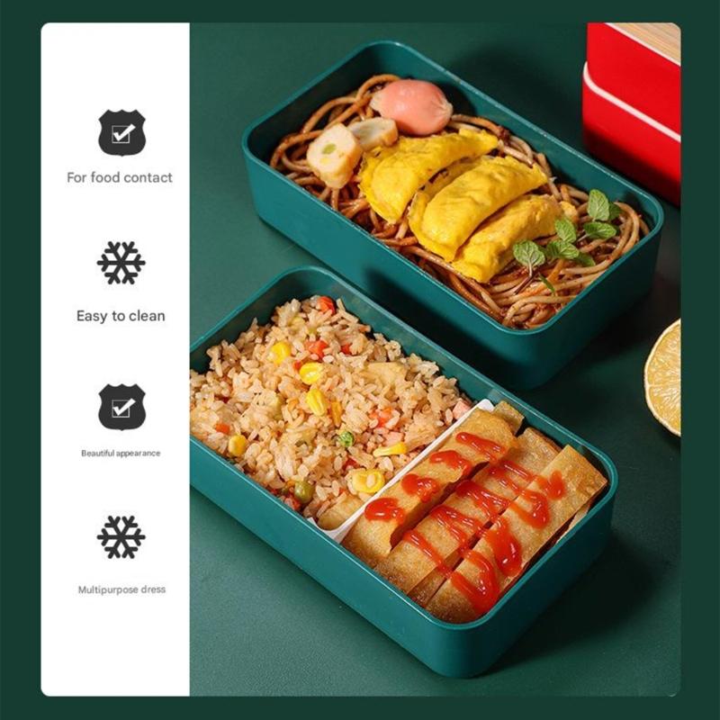 Mikrowellengeeigneter japanischer Lebensmittelbehälter, geräumige doppelstöckige Kunststoff-Bento-Lunchbox mit Besteck und Bambusdeckel