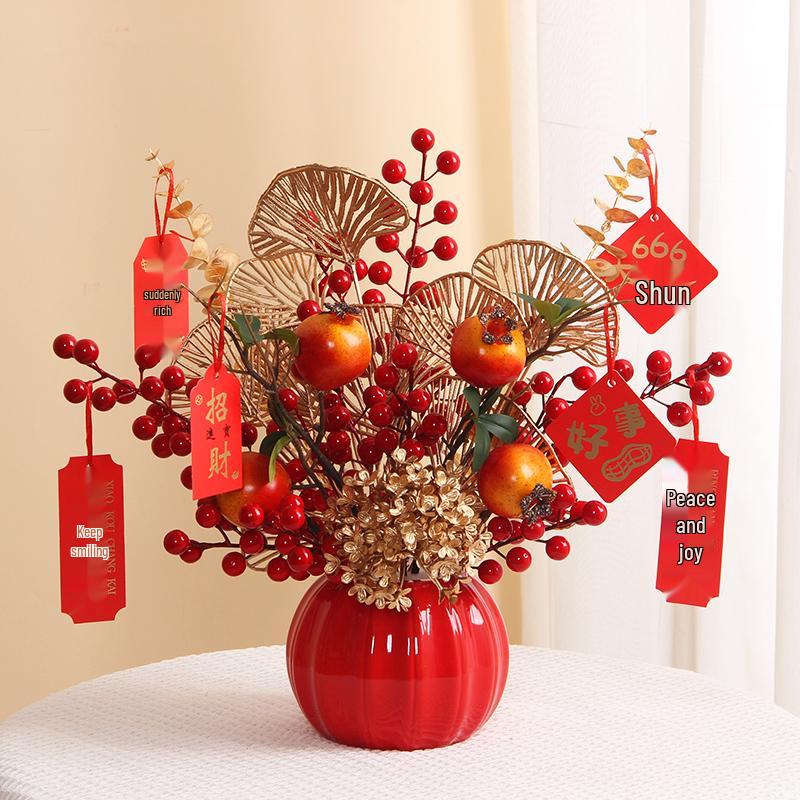 Luxurious Chinese-Style Pomegranate Fruit Arrangement: Faux Red Berries & Flowers for Living Room or Restaurant Decor