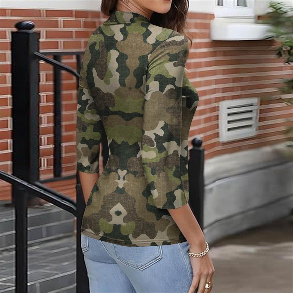 Damen Slim Bottom T-Shirt Mode Lässig Farbverlauf Druck Rundhals Pullover 3/4 Ärmel Top