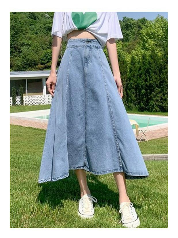 2025 Women's High Waist Slimming Midi Denim A-Line Skirt for Spring/Summer