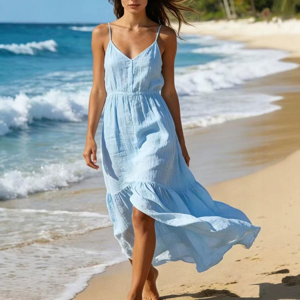 Women's Summer V-Neck Spaghetti Strap Maxi Dress, Color Beach Sundress for Vacation, Comfortable and Flowy