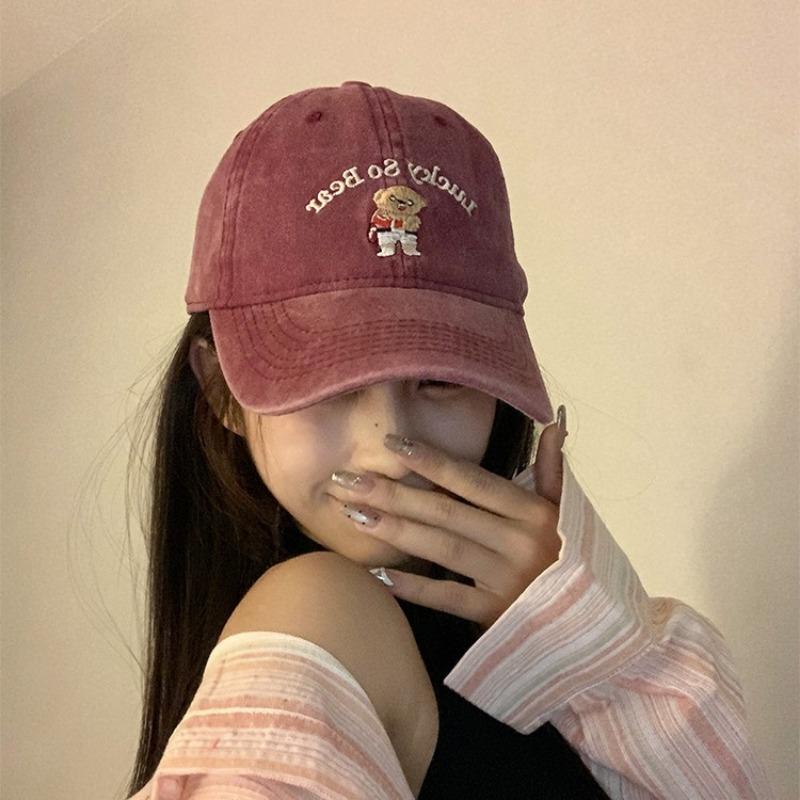 Washed cartoon bear hat female letter embroidery cap versatile couple baseball cap sun hat