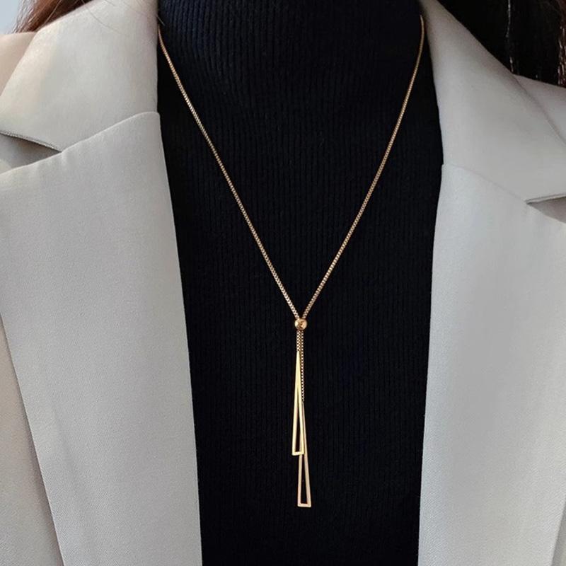Adjustable Pull Stainless Steel Sweater Box Chain Y Lariat Necklace for Women Girl Geometric Triangle Pendant Clavicle Choker
