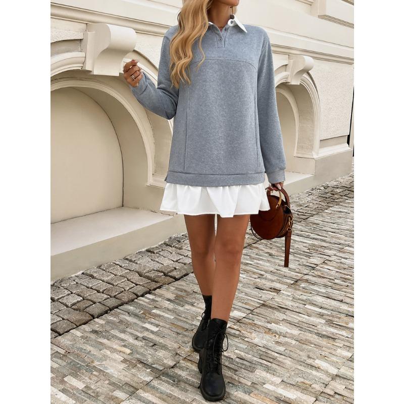 Herbst und Winter Damen Casual Loose Pocket Splicing Polo Neck Sweatshirt Kleid