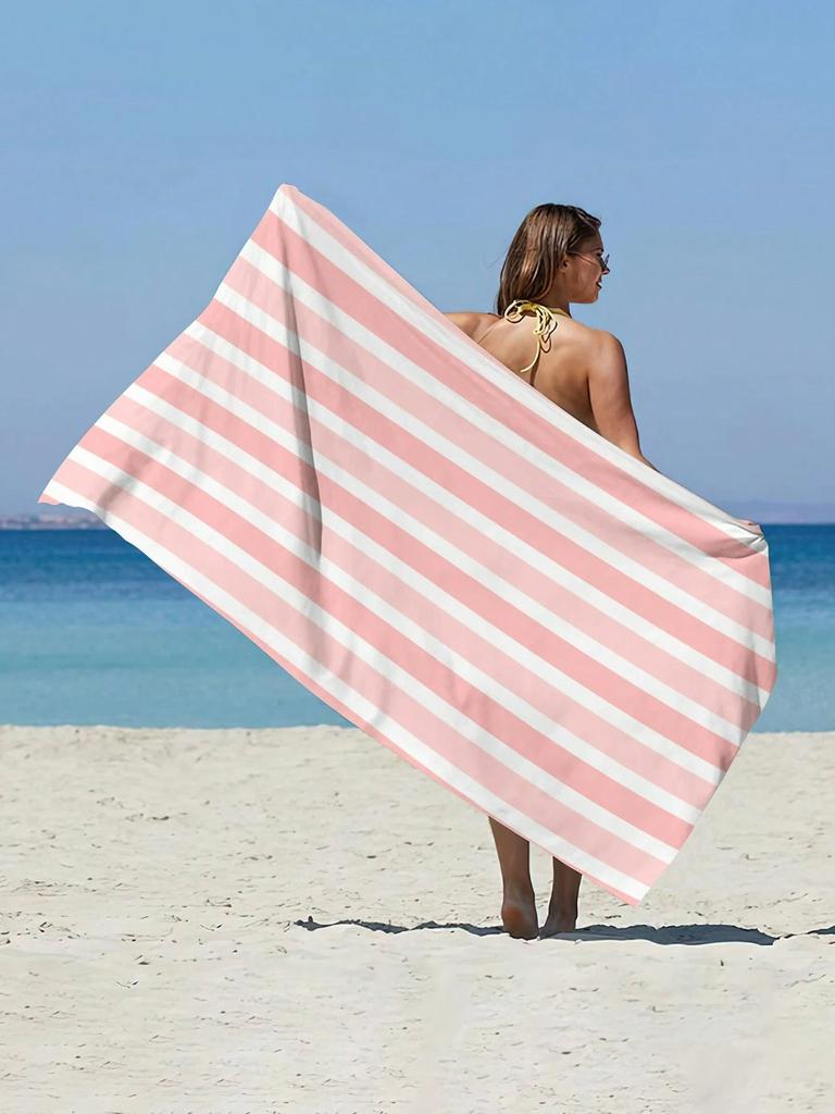 Couple Size Striped Beach Towel, Soft Absorbent Polyester Fabric, Modern Knit Design, Ideal for Travel, Vacation, Pool & Camping