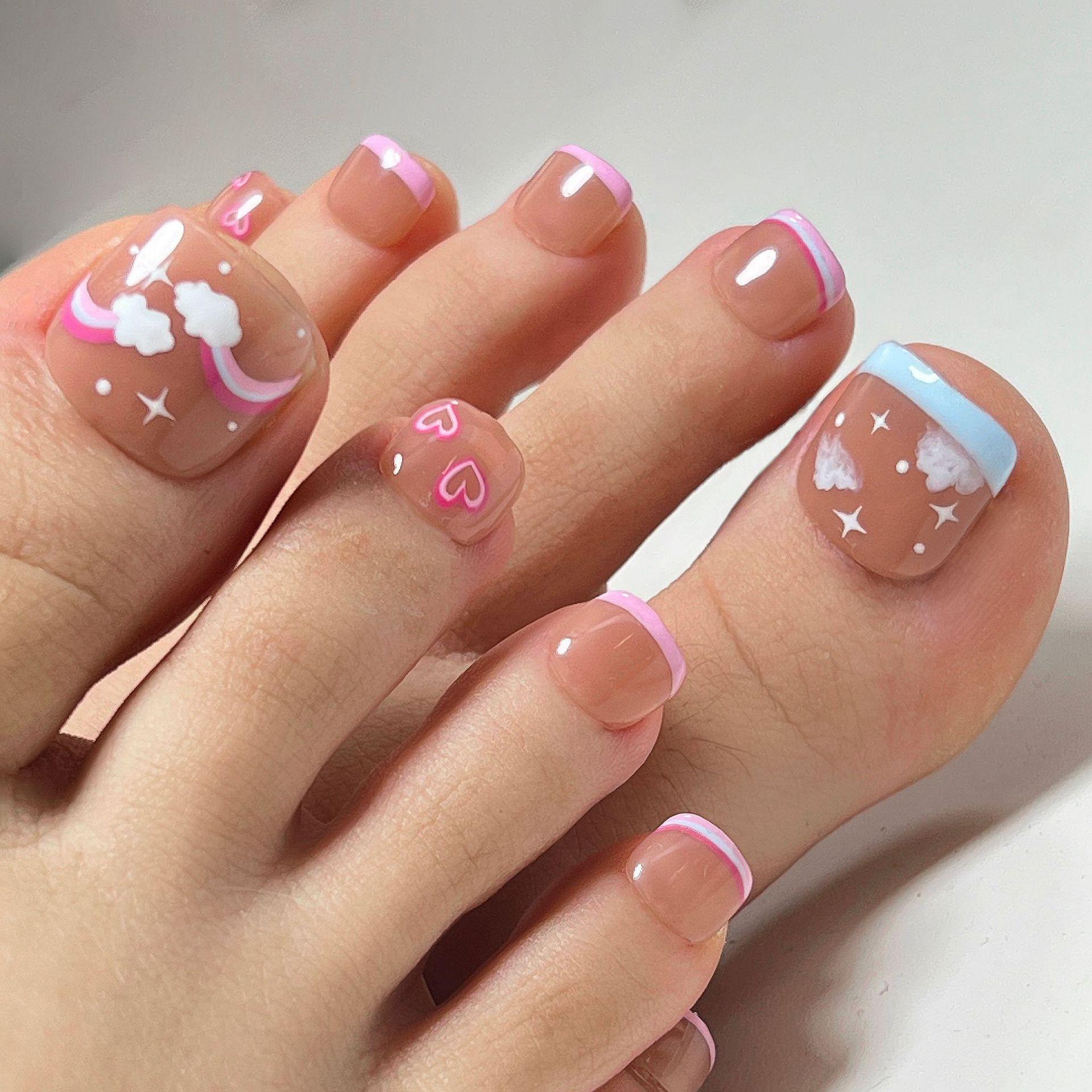 

Wearable Blue Pink Color Block French Pedicure Nail Tips with Rainbow Cloud and Hollow Heart Designs Glue Kit