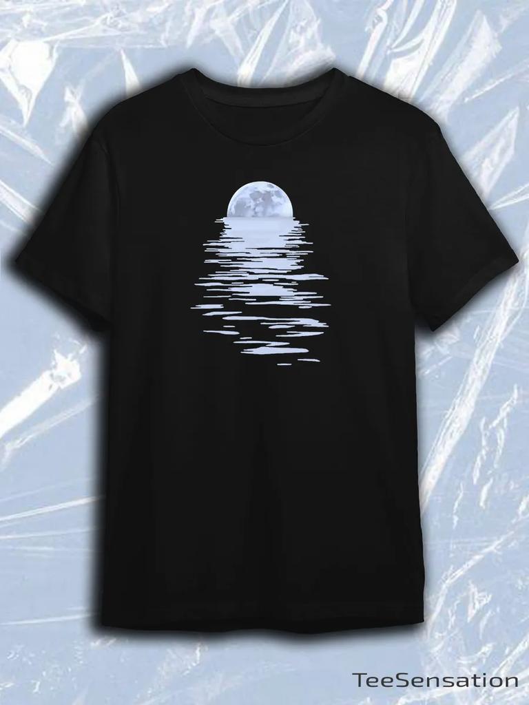 TeeSensation Black Crew Neck Short Sleeve T-Shirt with Blue Full Moon Reflection on Water Minimalist Vertical Print
