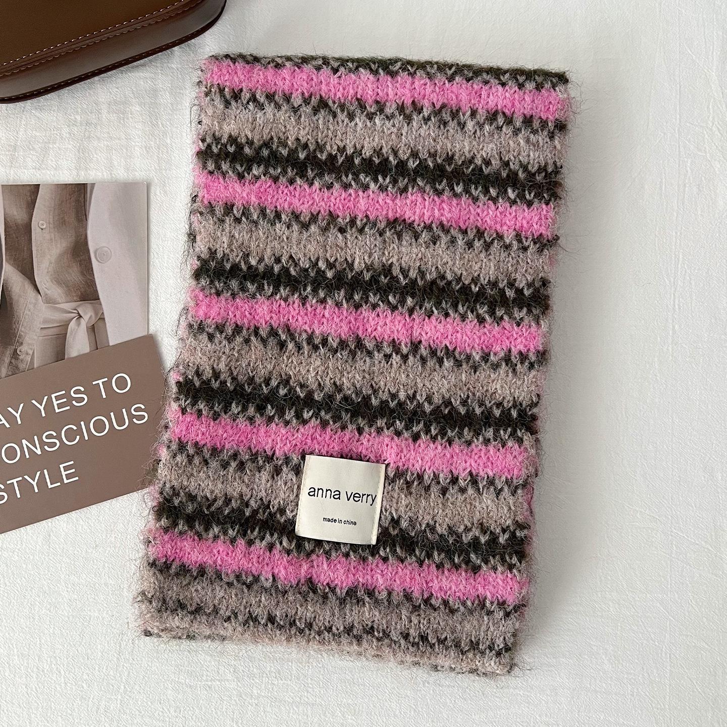 Women S Striped Knit Scarf Winter Warm Thick Versatile Fashion Neckwear 160cm розовый