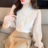 Fashion New 2024 Autumn Long Sleeve Stand Collar Casual Ruffles Apricot Chiffon Blouse Shirt Women Tops Blouses Shirts J462