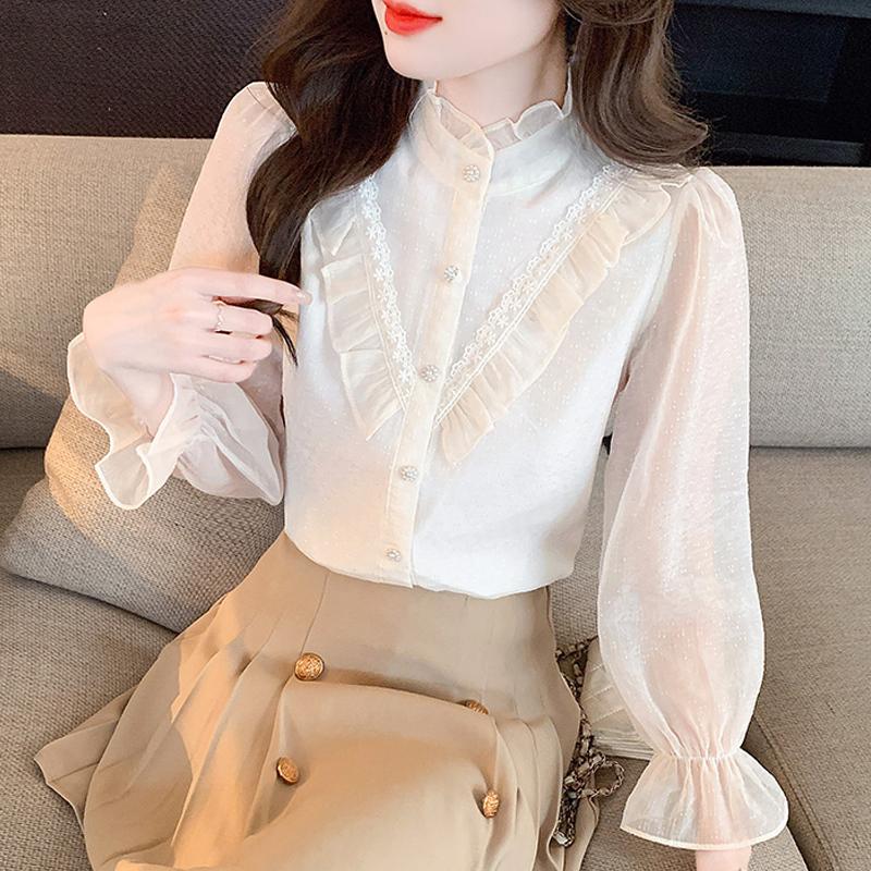 Fashion New 2024 Autumn Long Sleeve Stand Collar Casual Ruffles Apricot Chiffon Blouse Shirt Women Tops Blouses Shirts J462
