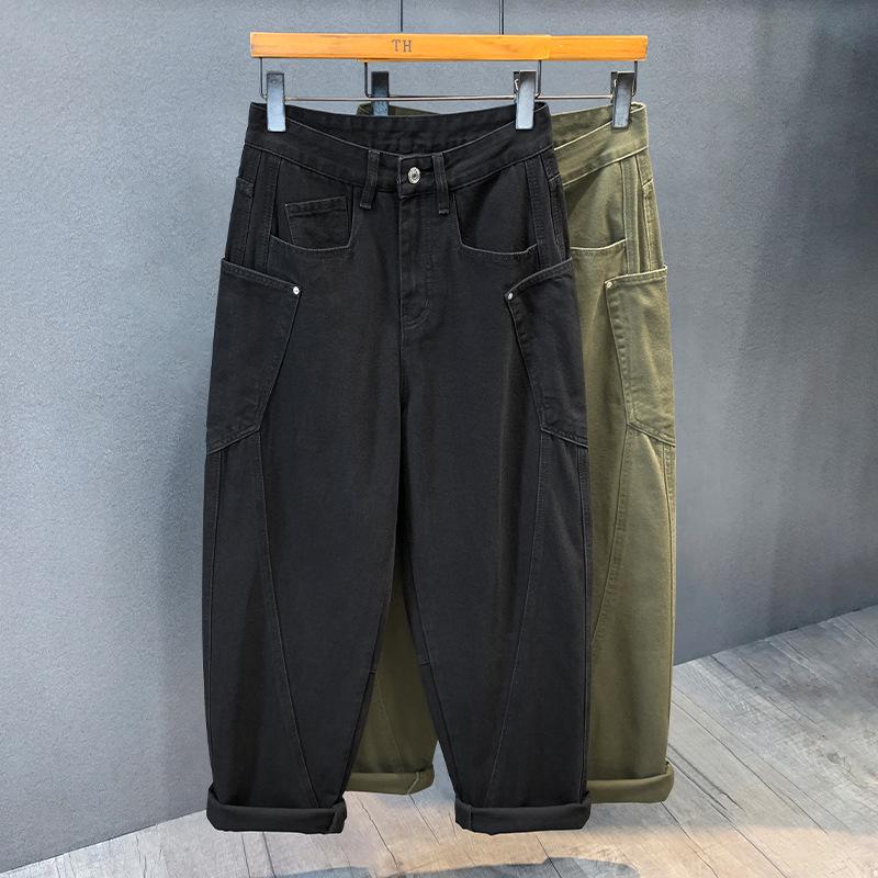 Amerikanische trendige Marke armee grüne gerade Jeans Herren große Tasche Latzhose Herbst und Winter warm neu locker Säbelhose