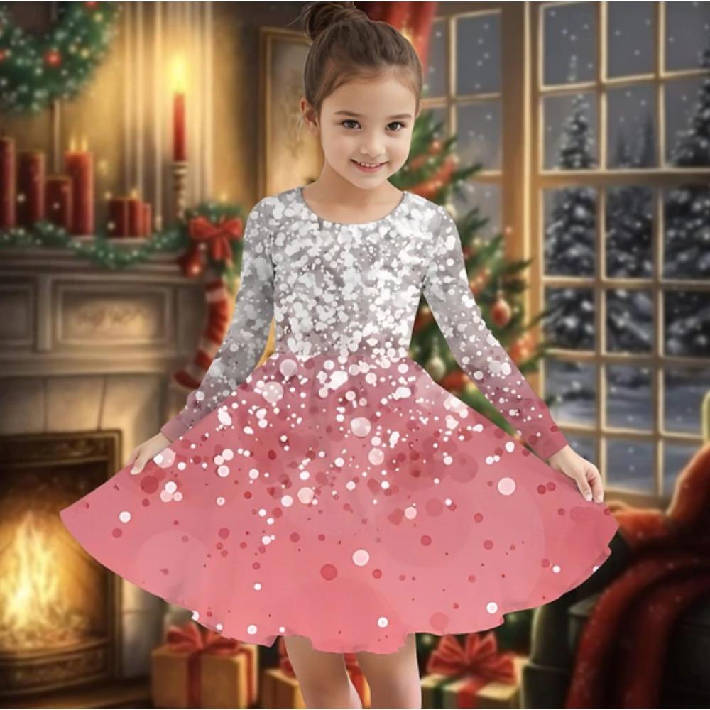 Girl Casual 3D Print Round Neck Long Sleeve Dress Kid Princess Dress 80