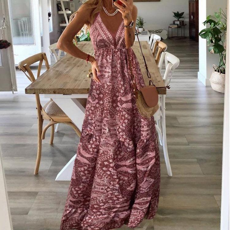 Women's Bohemian Floral Printed V-neck Long Skirt High Waisted Camisole Dress New Style