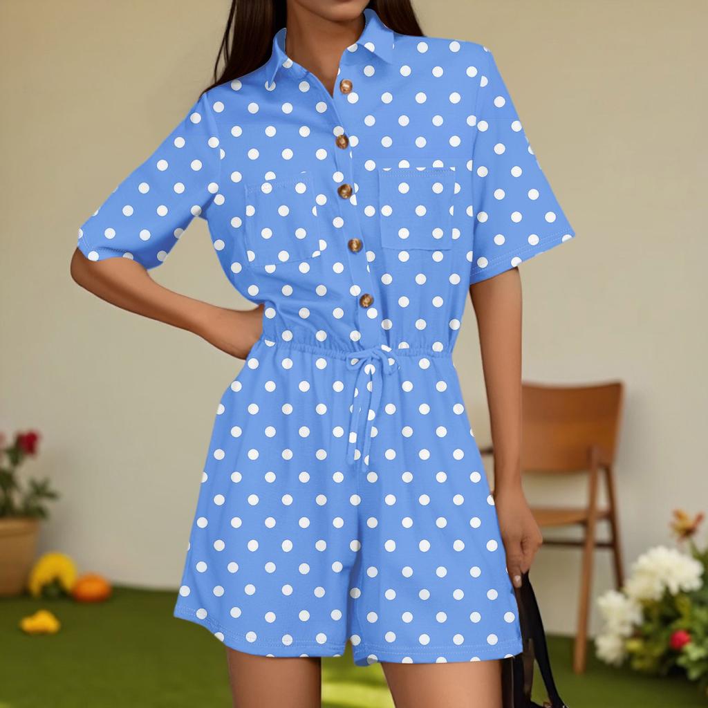 Women's Fashion V-neck Jumpsuit Plaid Casual Short Sleeve Top Jumpsuit