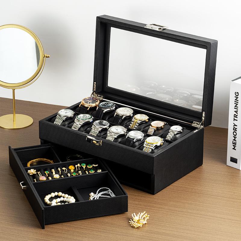 Double Layer Carbon Fiber PU Watch & Jewelry Display Box