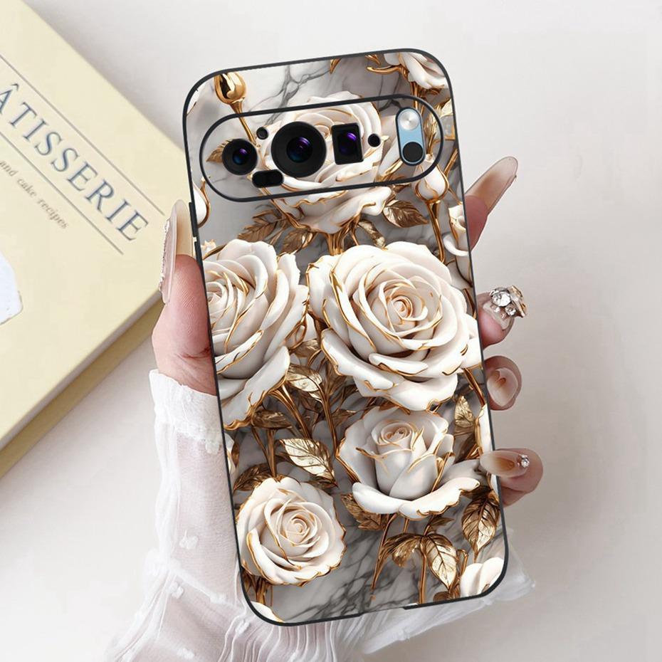 Beautiful Floral Painting Phone Case For Google Pixel 9 Pro 9A Black Silicone Soft Cover For Google Pixel9 9A 9Pro Cases Bumpers