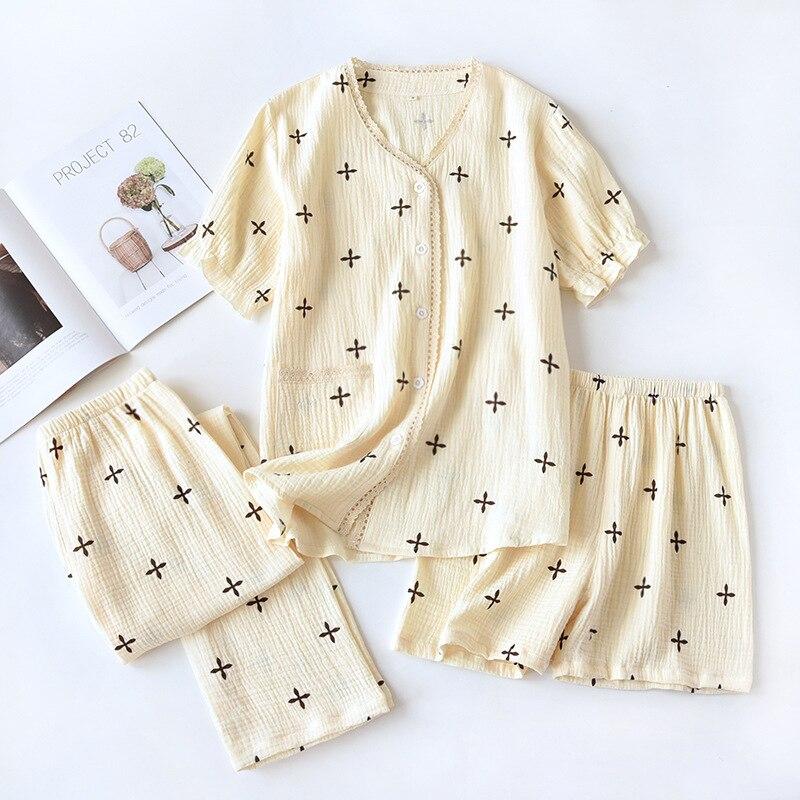 

Новая весенне-летняя женская пижама-тройка комплект коротких рукавов + шорты + брюки 100% хлопок креп простой домашний костюм