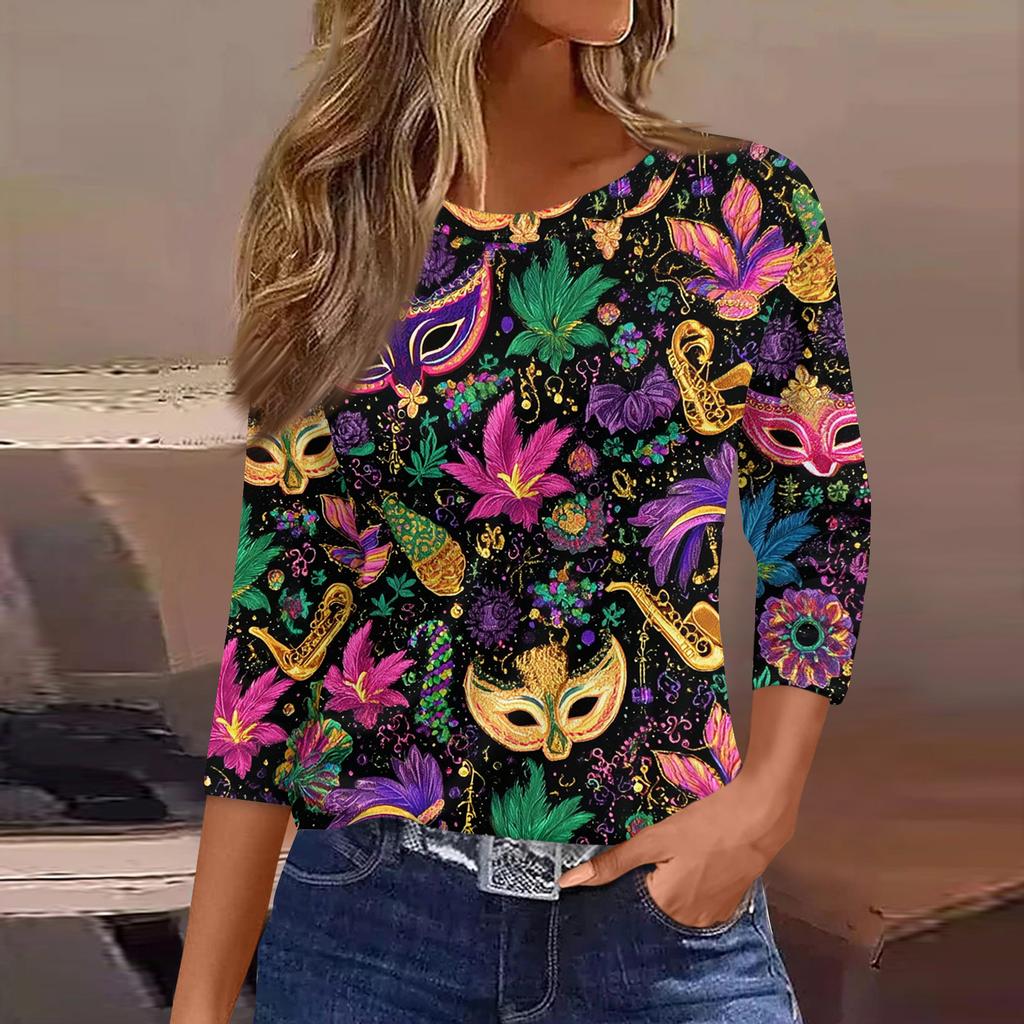 3/4 Length Sleeve Womens Tops Floral Print Vintage Fashion Casual Loose With Round Neck Plus Size Shirts