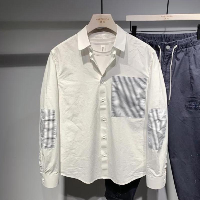 

Японская мода в полоску весна осень мужские новые комбинированные рубашки с квадратным воротником на пуговицах однотонные свободные повседневные с длинным рукавом L белый