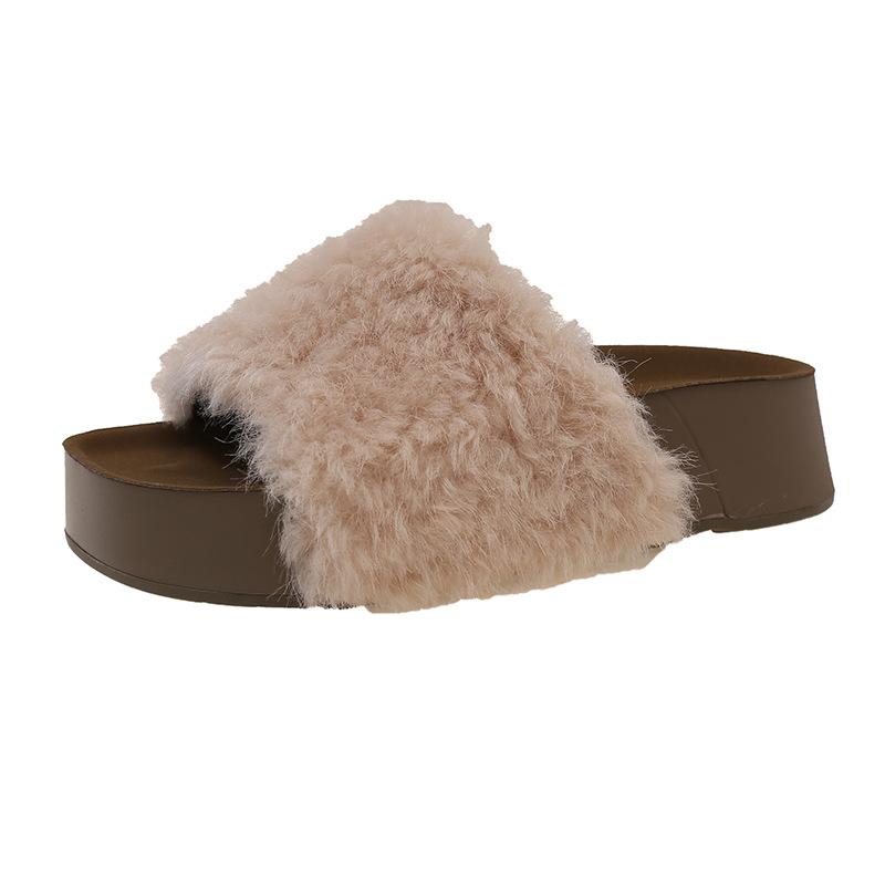 Furry Thick-soled One-word Slippers for Women's Outer Wear 2025 New Autumn and Winter Thick-soled Household Indoor Fluffy Cotton Slippers