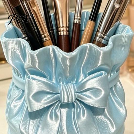 Powder Brush Holder Satin Bow Bag Makeup Holder, 3D Printed Beauty Tool Organizer for Desk, Large Bowknot Pouch Pencil Storage Container Capacity
