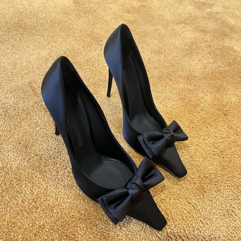 Satin Heel Single Shoes Women's Pointy Toe Shallow Mouth Butterfly Knot Set Foot Anti-slip Wear-resistant High Heels
