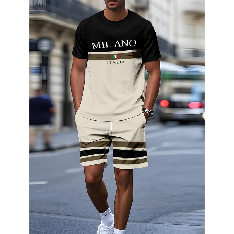 Summer Men's Stripe Letter Print Short Sleeve Top Shorts 2 Pieces Set Oversized Loose Round Neck T-shirt Man Drawstring Shorts