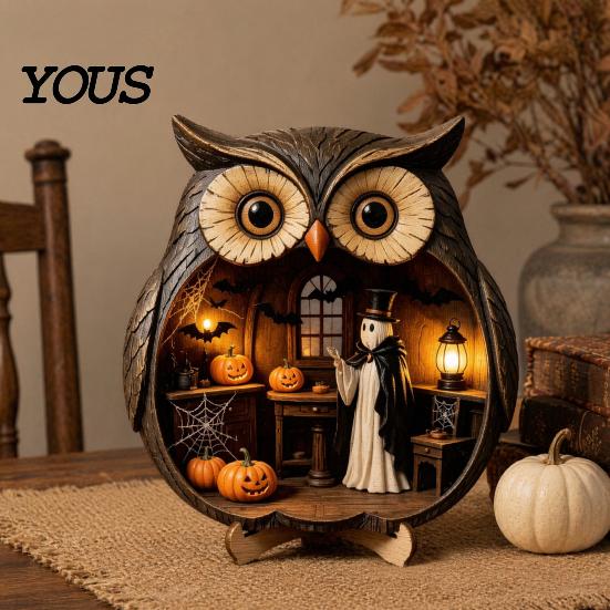 Wood Owl Sculpture Halloween Wooden Tabletop Centerpiece, 2D Flat Pumpkin Ghost Bat Figurine Skeleton Standing Table Sign for Party, Shelf, Desk Decor