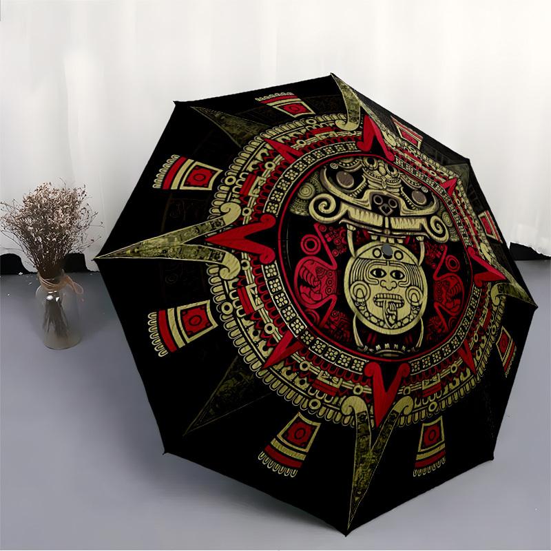 1pc Mayan Calendar Aztec Sun Automatic Folding Umbrella, Lightweight Retractable Compact Travel Umbrella, 8-Rib Sturdy Frame147