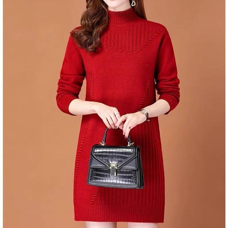 Half Turtleneck Knitted Dress for Women In Autumn and Winter Solid-color Long-sleeved Pullover Mid-length Casual Solid-color Sweater