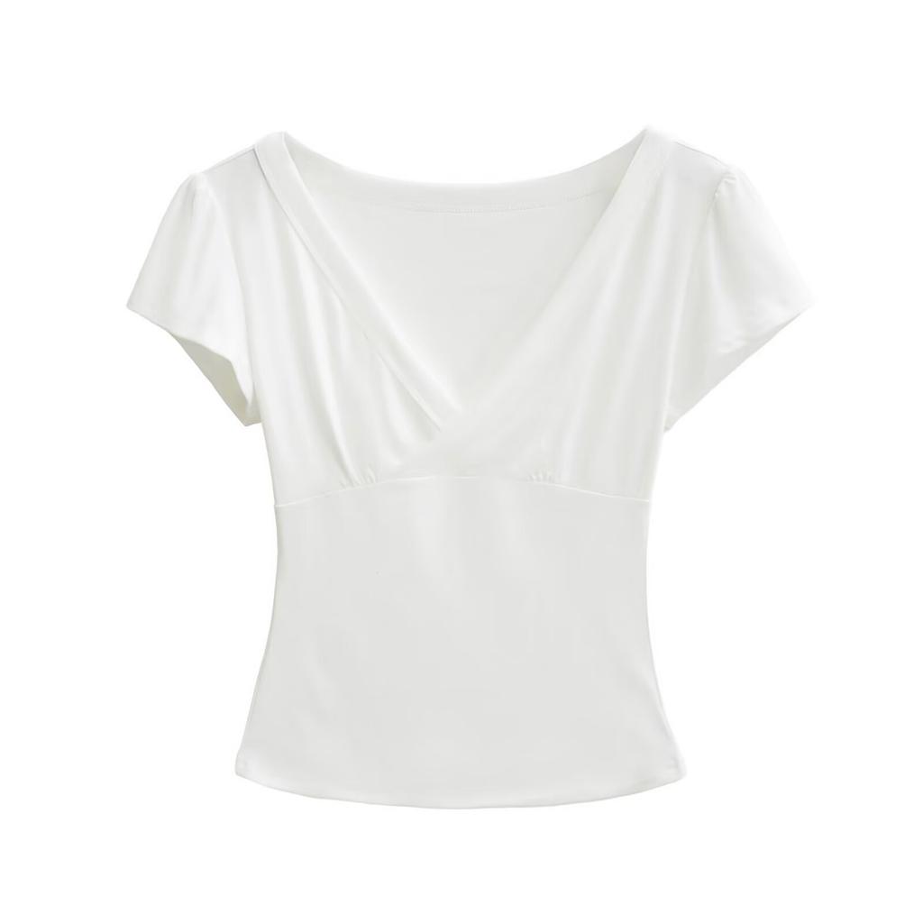 Summer New Spice Girl Style Solid Color Dark V-neck Slim-fitting Cross-elastic Short Slim Short-sleeved Bottoming Shirt T-shirt
