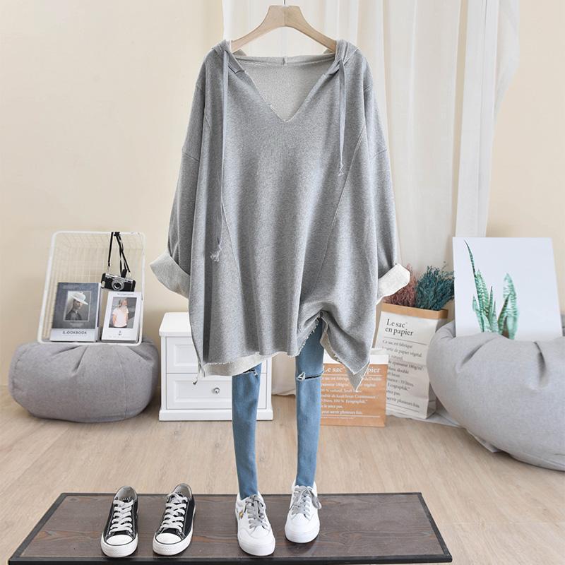 Korean Style Casual Long Sweatshirts Oversized Spring Female Hoodie V-neck Drawstring Solid Color Long Sleeve Pullovers Ladies