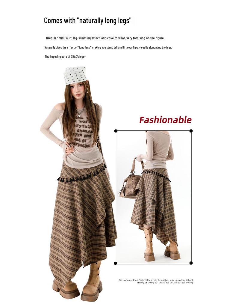 Women's Irregular Plaid Tassel A-line Skirt with Embroidery - High Waist, Slimming Fit, Mid-length for Autumn/Winter