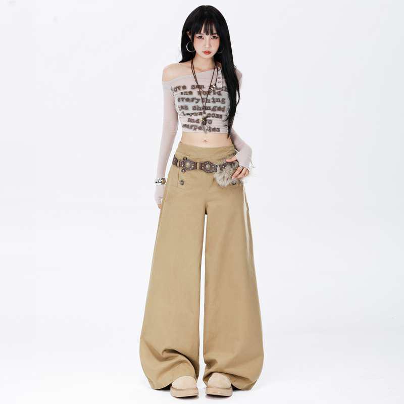 Autumn Women's High-Waisted Wide-Leg Pants with Multi-Button Design, Extended Length
