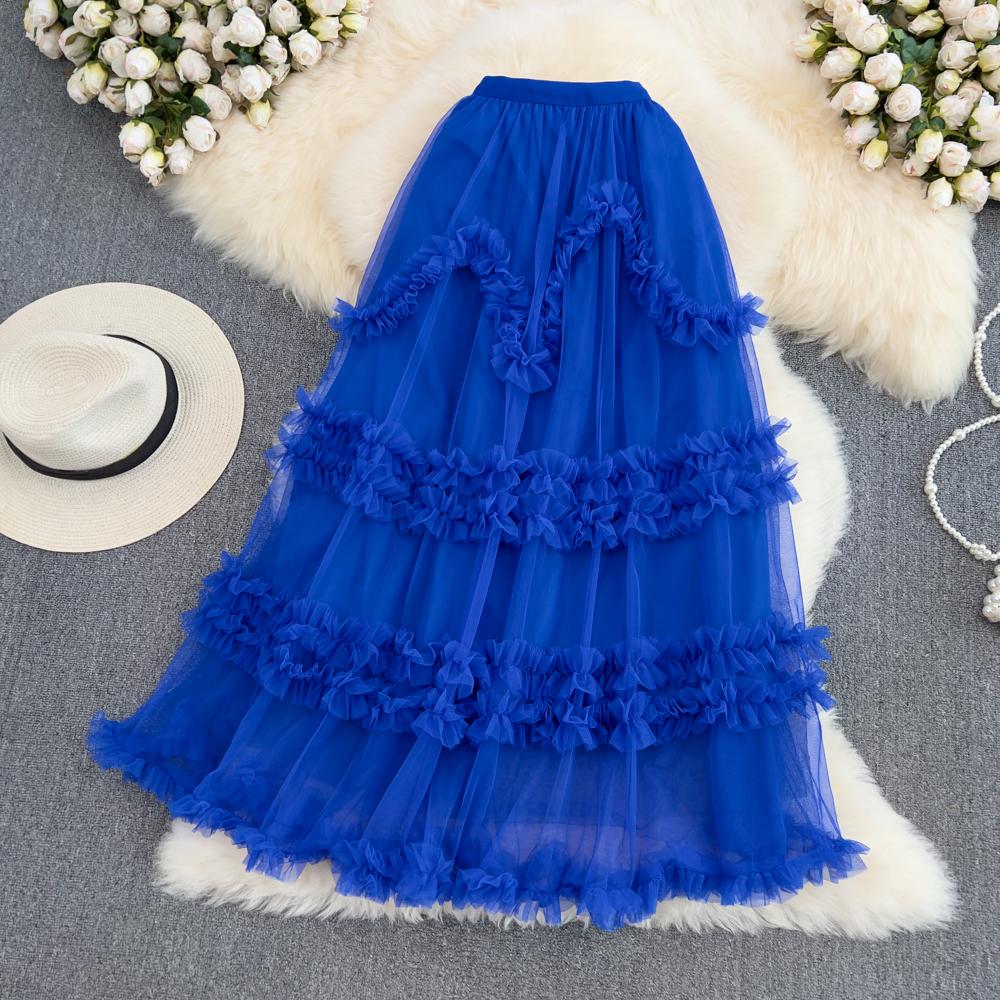 Elastic Waist Fairy Mesh Cake Skirt A-Line Skirt Summer Korean Version High Waist Slim All-Match Midi Skirt