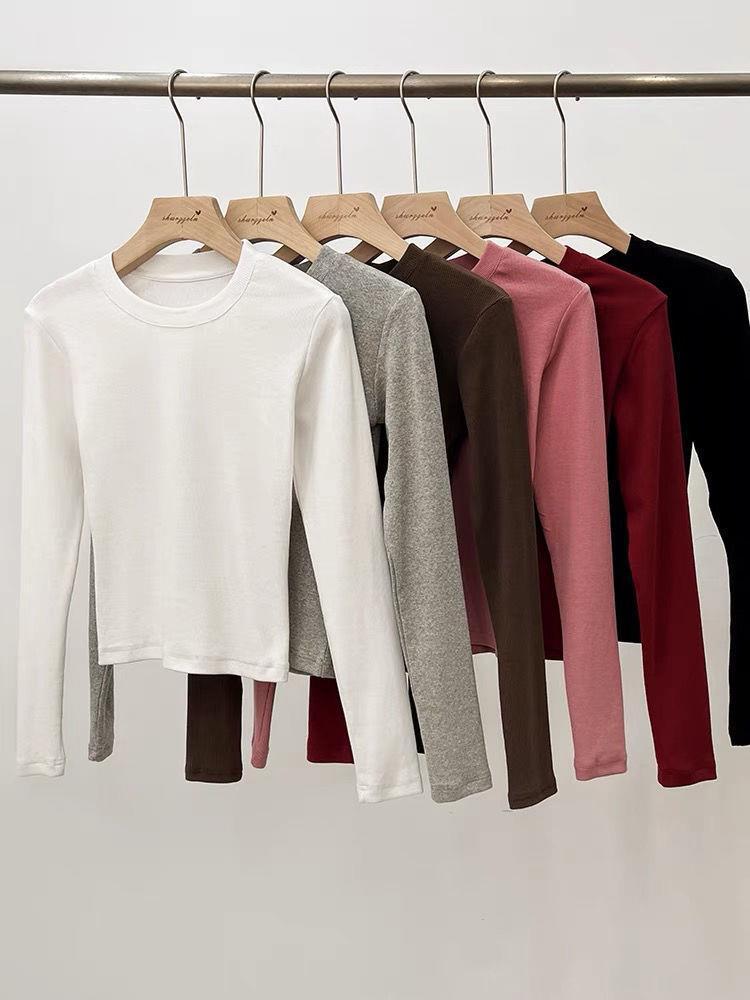 Burgundy Spicy Girl Long Sleeve Slimming T-Shirt for Women - Straight Shoulder, Autumn/Winter Style.