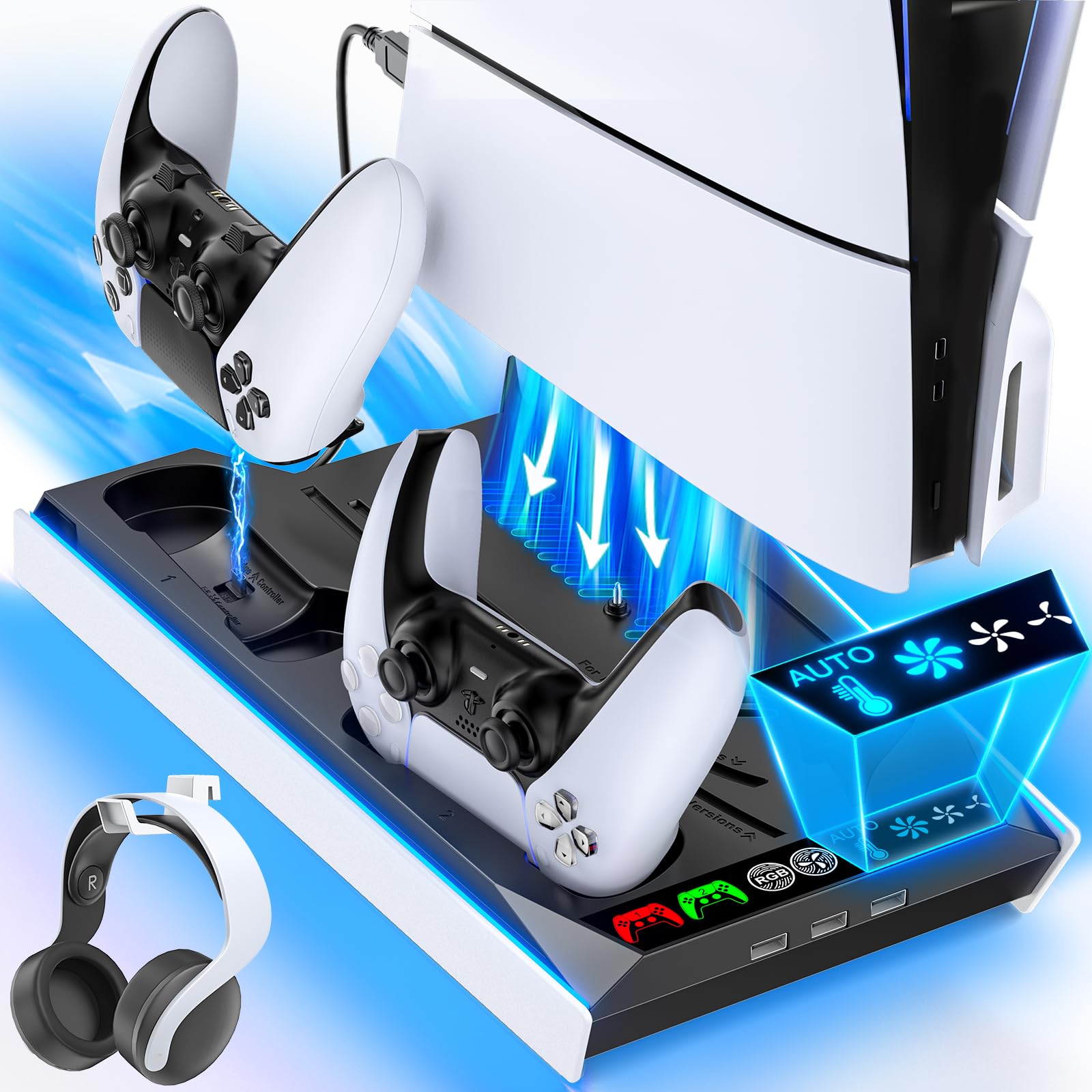 

with PS5 PS5 Slim Vertical Cooling Stand with Fan Speed PS5 Controller Simultaneous Charge for Two Controllers with Charging Indicator Compatible with