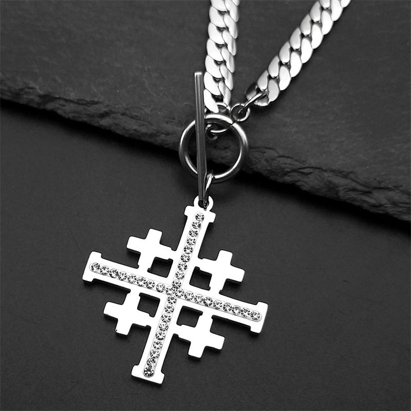 Jerusalem Crusaders Cross Pendant Necklace for Men Women Stainless Steel Rhinestones Amulet Hip Hop Chain Amulet Jewelry Gift