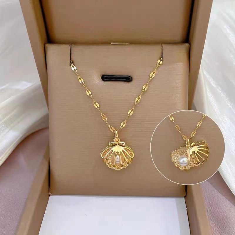 Vintage Gold Color Hollow Out Shells Pearl Pendant Necklace for Women New Trend Girls Clavicle Chain Paty Jewelry Birthday Gift